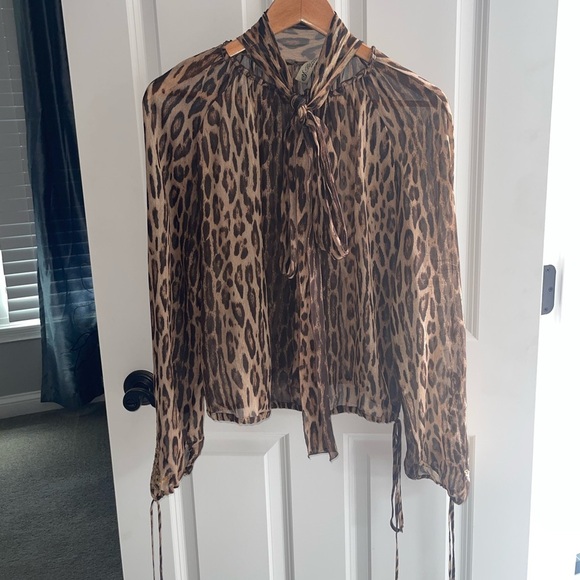 BLUMARINE Chiffon Leopard Print Sheer Blouse Gold Embellished Embroidered Sz 42 - Picture 2 of 8